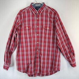 Vintage Nautica Mens Red Long Sleeve Plaid Button Down Shirt Cotton L